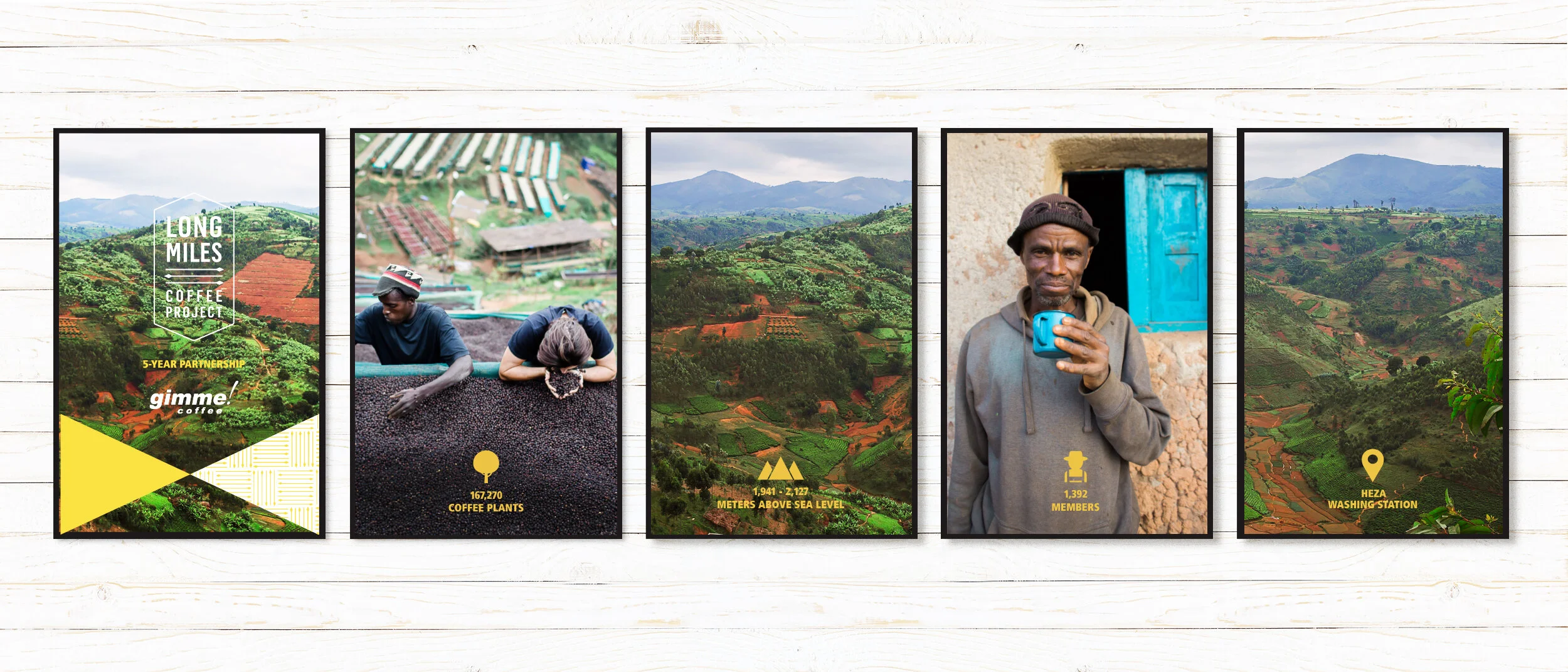In store posters celebrating 5-year partnership with Long Miles Coffee, Burundi, East Africa Photography provided by Ben and Kristy Carlson, Long Miles Coffee Project founders© Gimme Coffee, Inc.