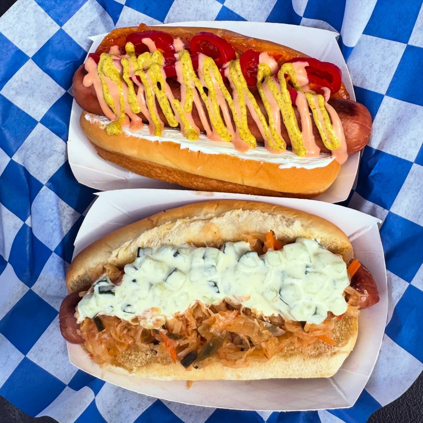 Two new limited time specials for you and yours ❤️🌭

Spicy Sweetheart: cream cheese, jalape&ntilde;o pepper jelly, pickled Fresno chilis, pink sauce, and spicy brown mustard

Kimchi Kewtie: cucumbers, kewpie mayo, and kimchi

Only available at our f