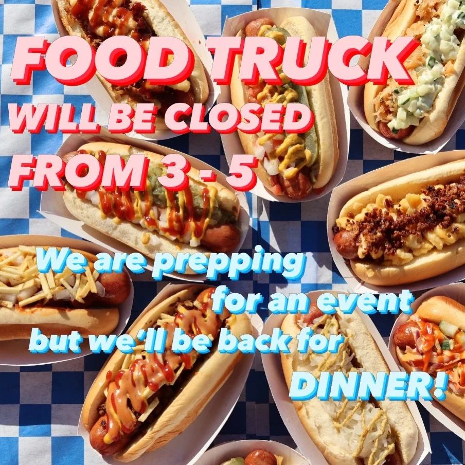 We have to close between lunch and dinner today! Have a large catering event our team needs to prep for. 

Hours: 11 am-3 pm, 5-8 pm

See you for dinner! 

#foodtruck #hotdog #catering