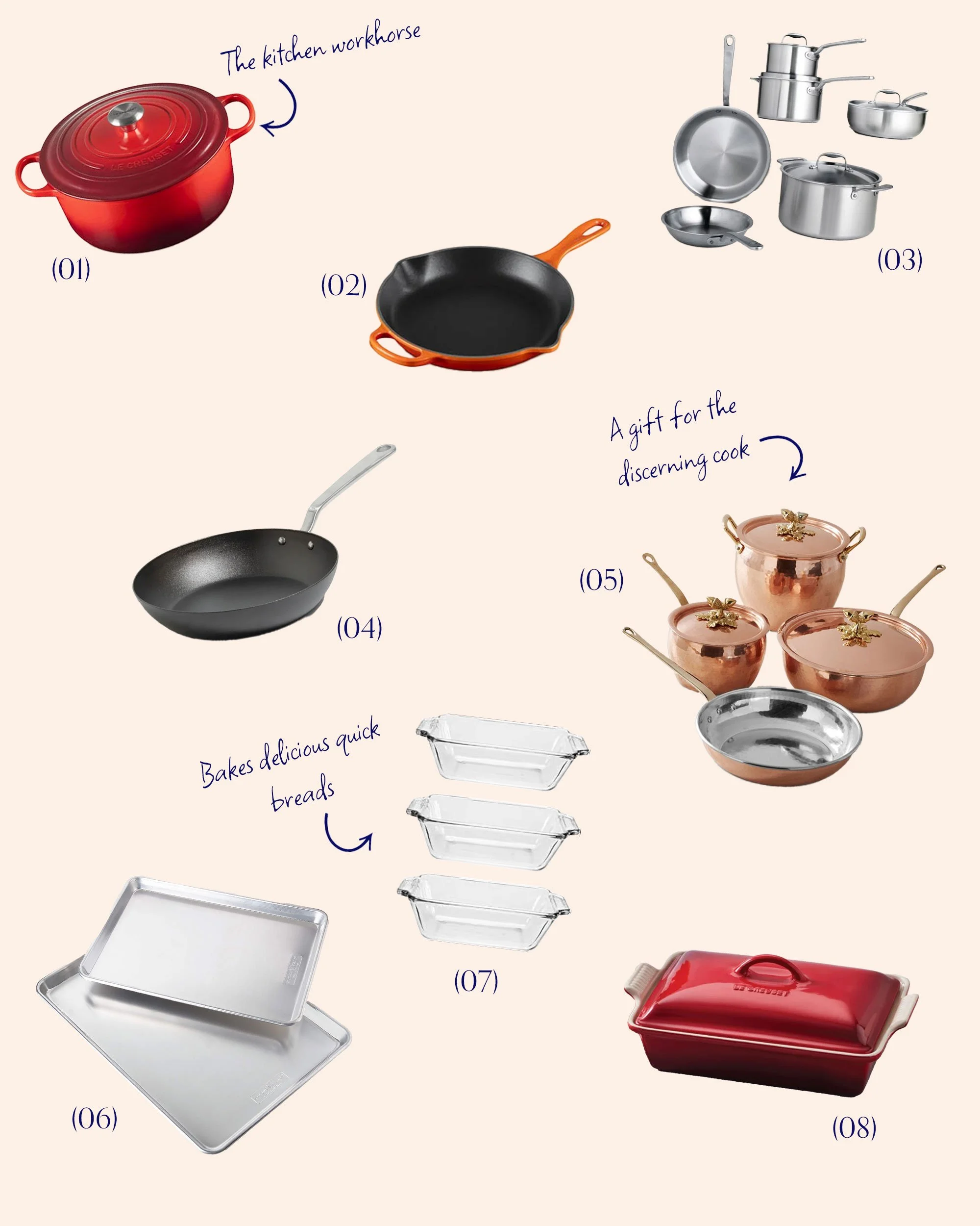 A collage of all of the recommended bakeware and cookware gifts