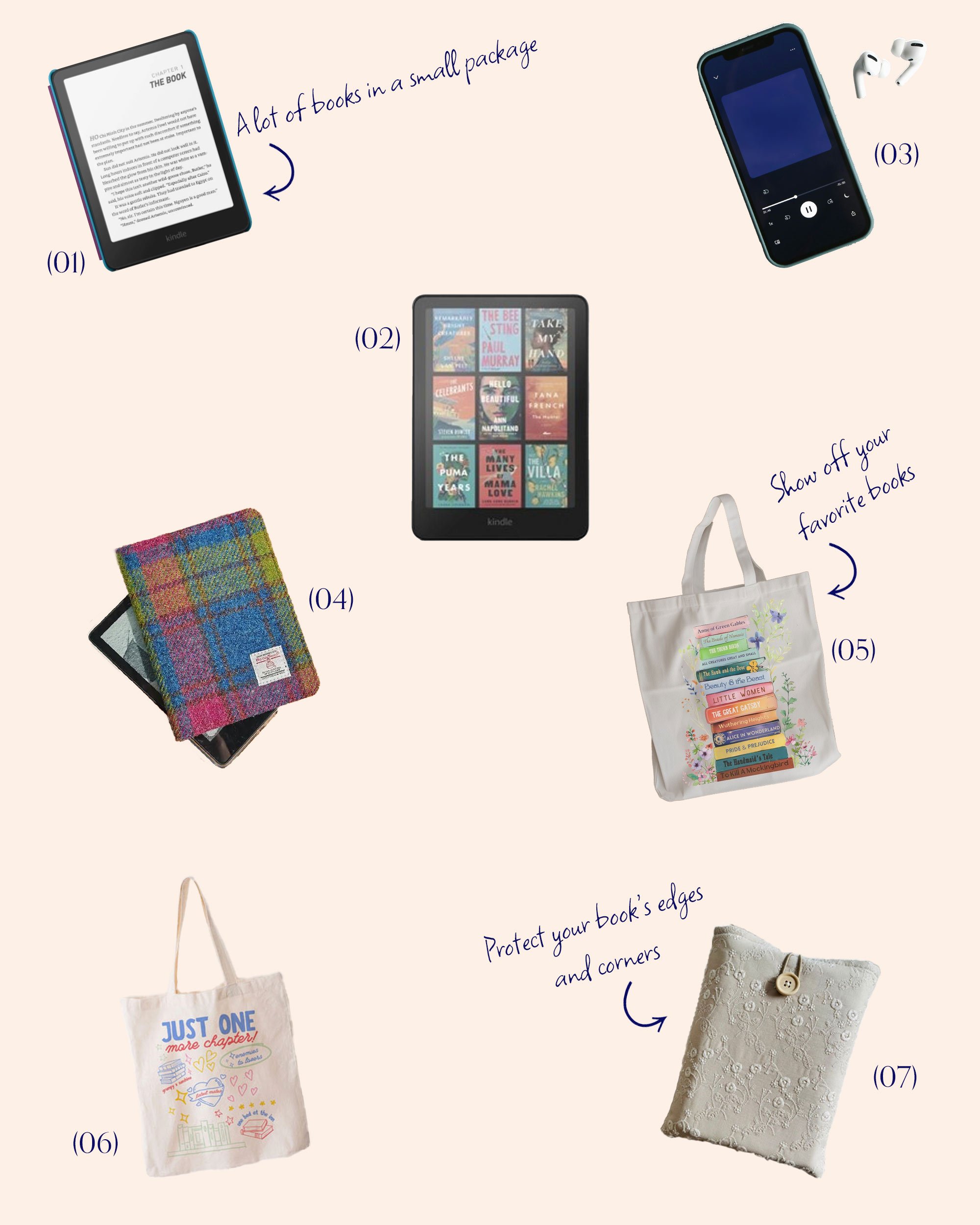 A collage of all of the recommended on-the-go reader gifts