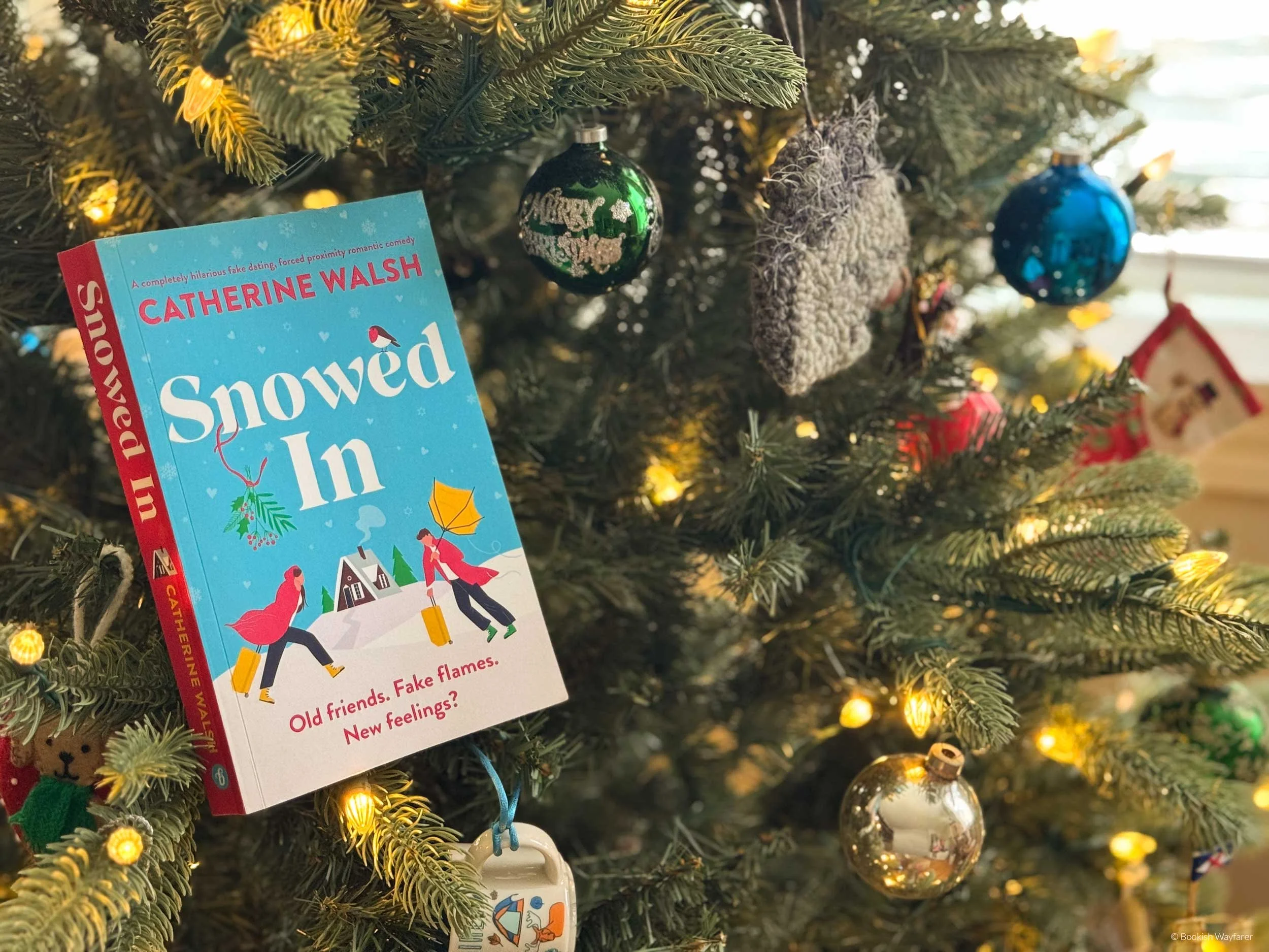 The book Snowed In stood upright on a Christmas tree branch