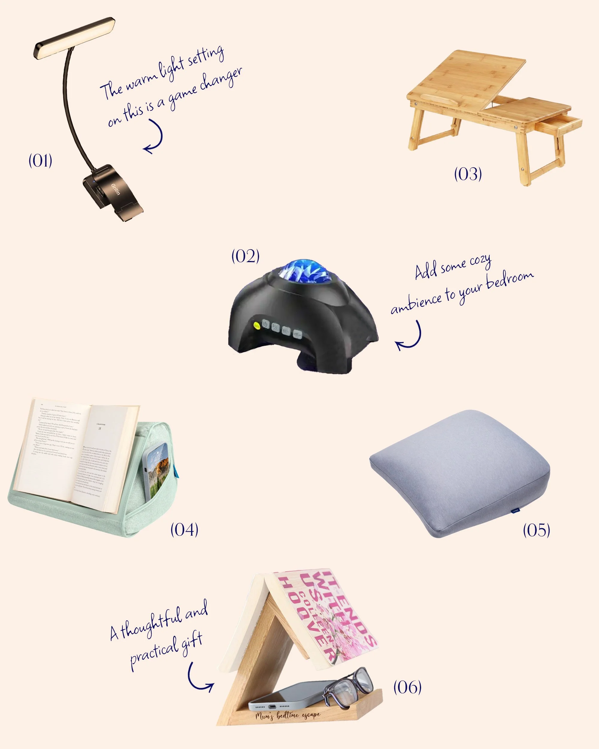 A collage of all of the suggested nocturnal reader gifts