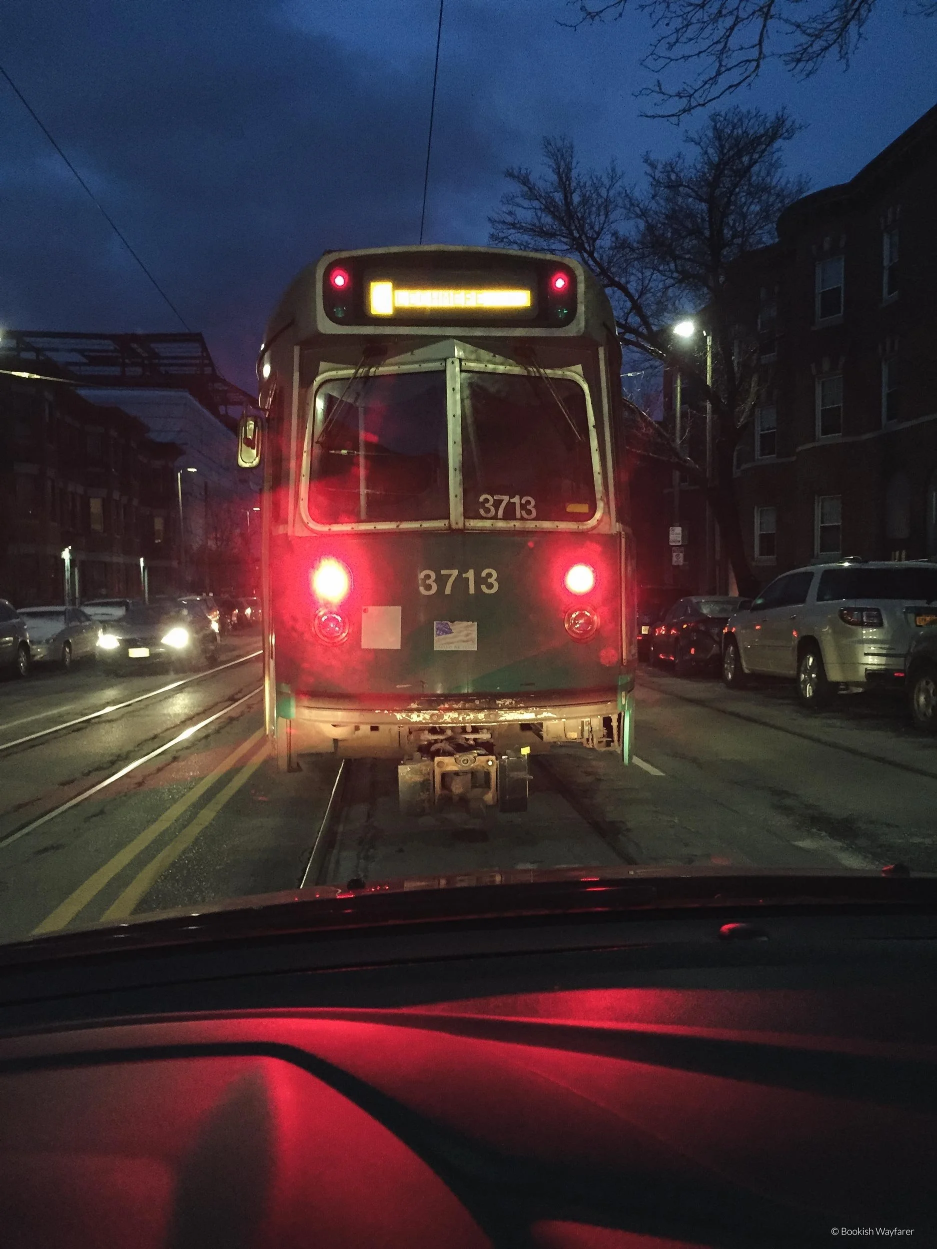 Driving behind the Green Line on Huntington Ave