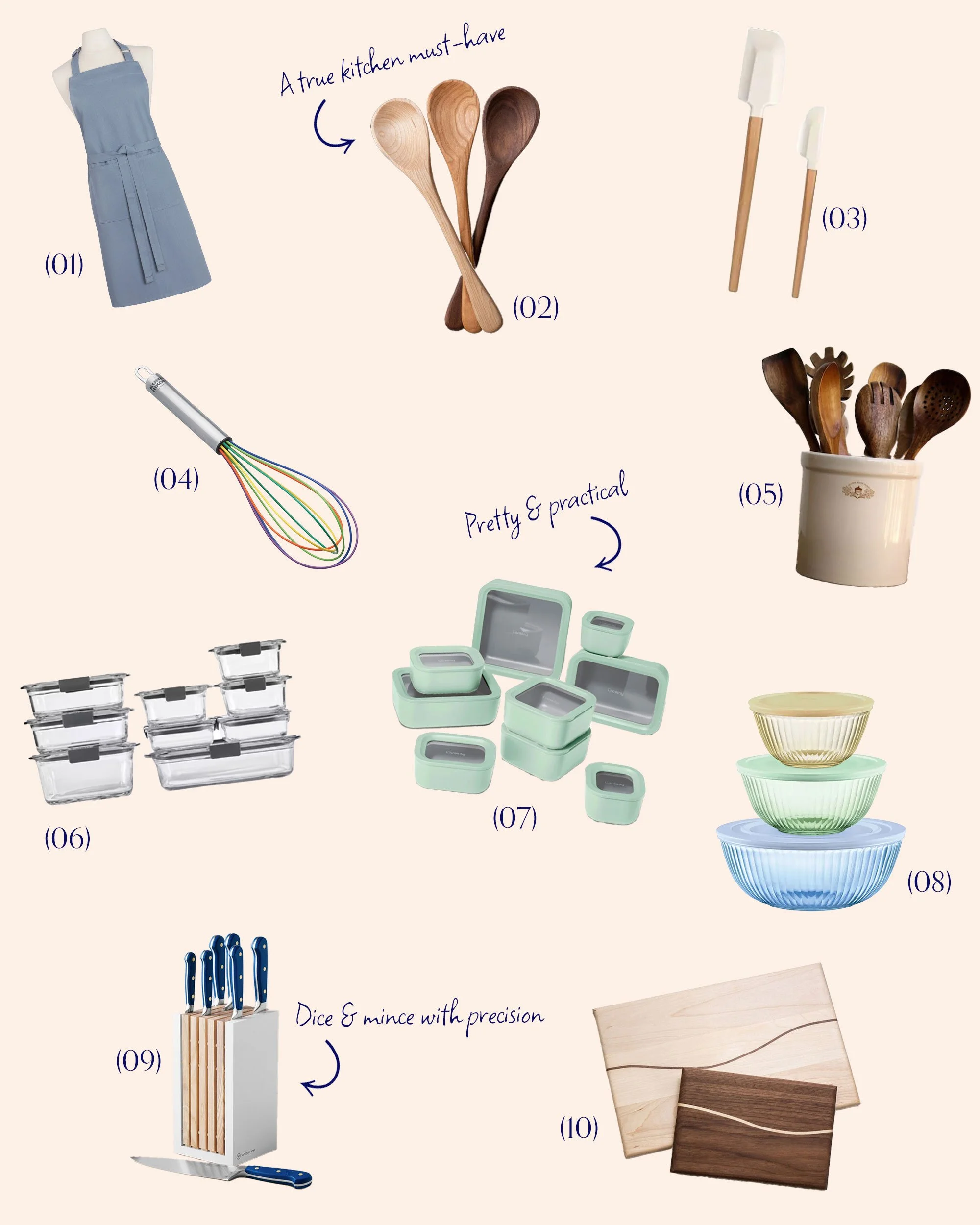 A collage of all of the suggested kitchen essentials gifts