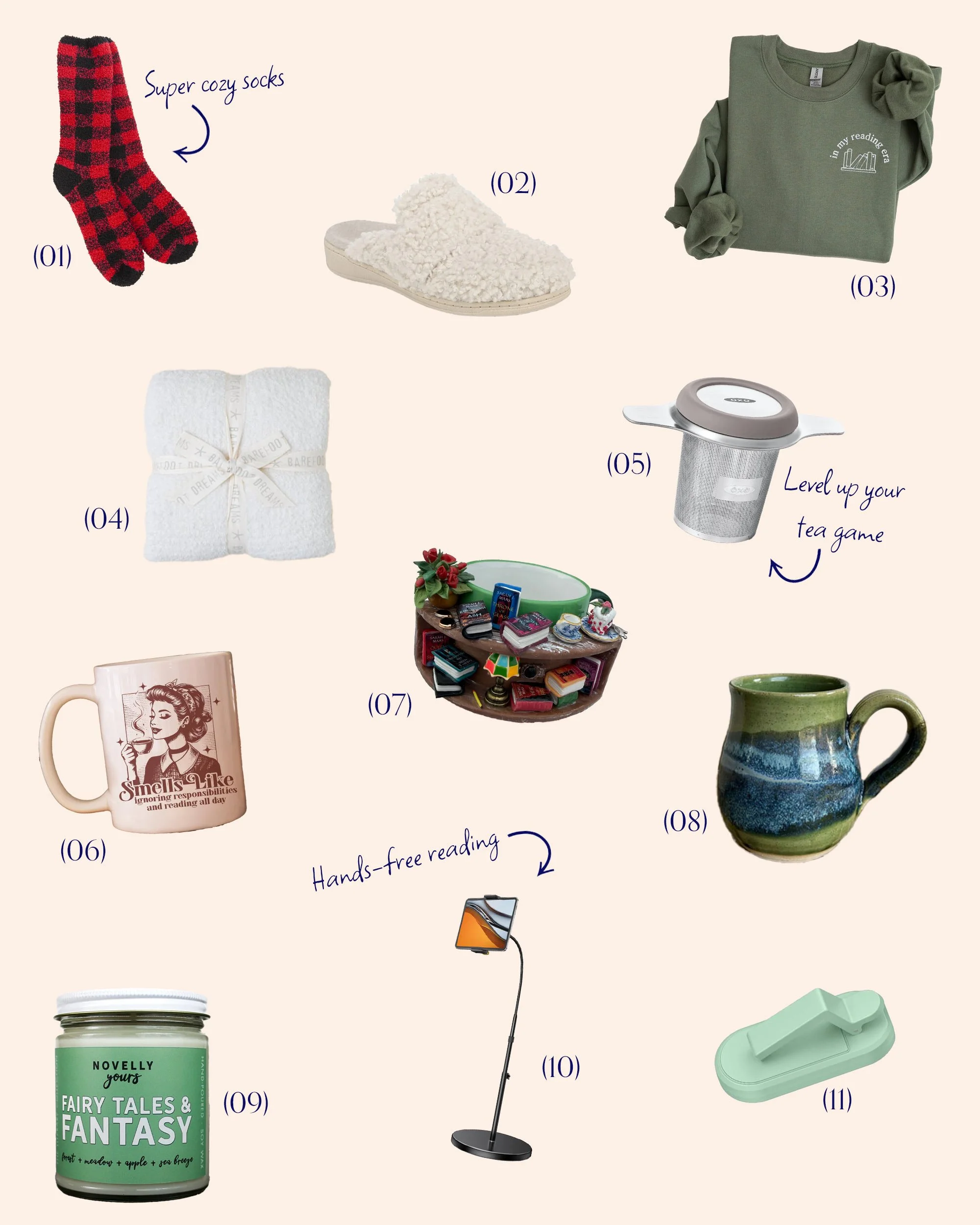 A collage of all of the suggested gifts in the Gifts for Cozy Readers section