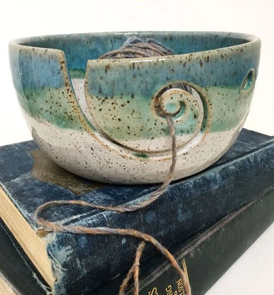 New Moon Ceramics' blue, green, and white ceramic yarn bowl