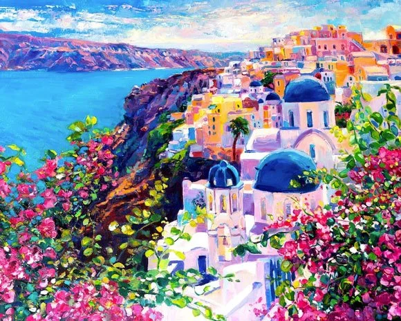 A paint-by-numbers kit of Santorini