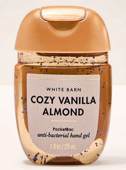 Bath and Body Works hand sanitizer in cozy vanilla almond scent