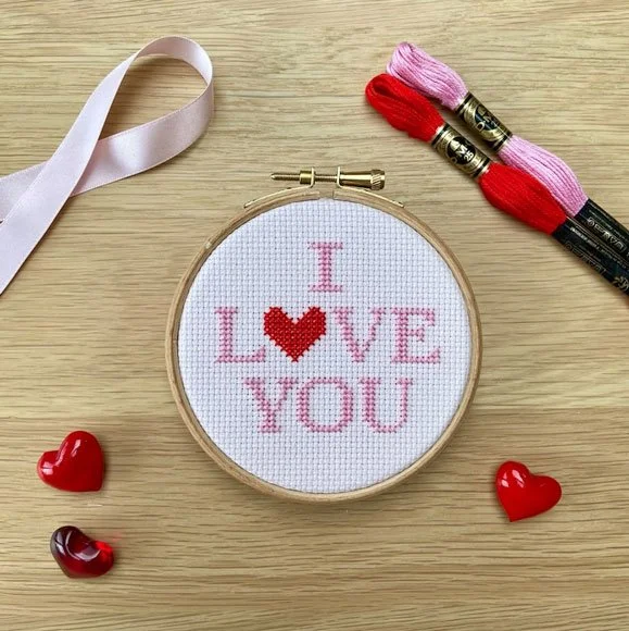 "I Love You" completed cross stitch