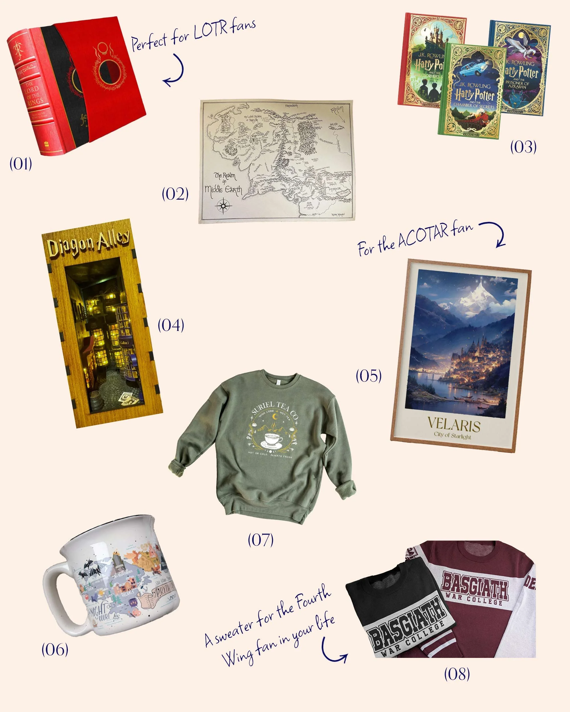 Collage of all the recommended fantasy reader gifts