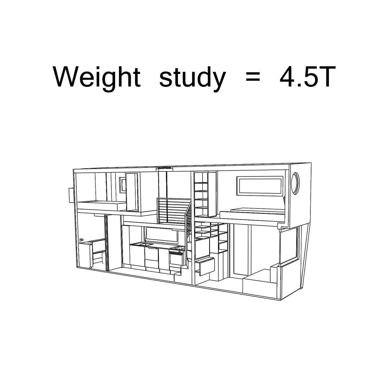 We collaborated closely with the customer to design this modern tiny house and a thorough weight study using the 3D. Staying under the 4.5T road limit in Australia was crucial. Together, we determined the house would come in just under 4.5T, allowing