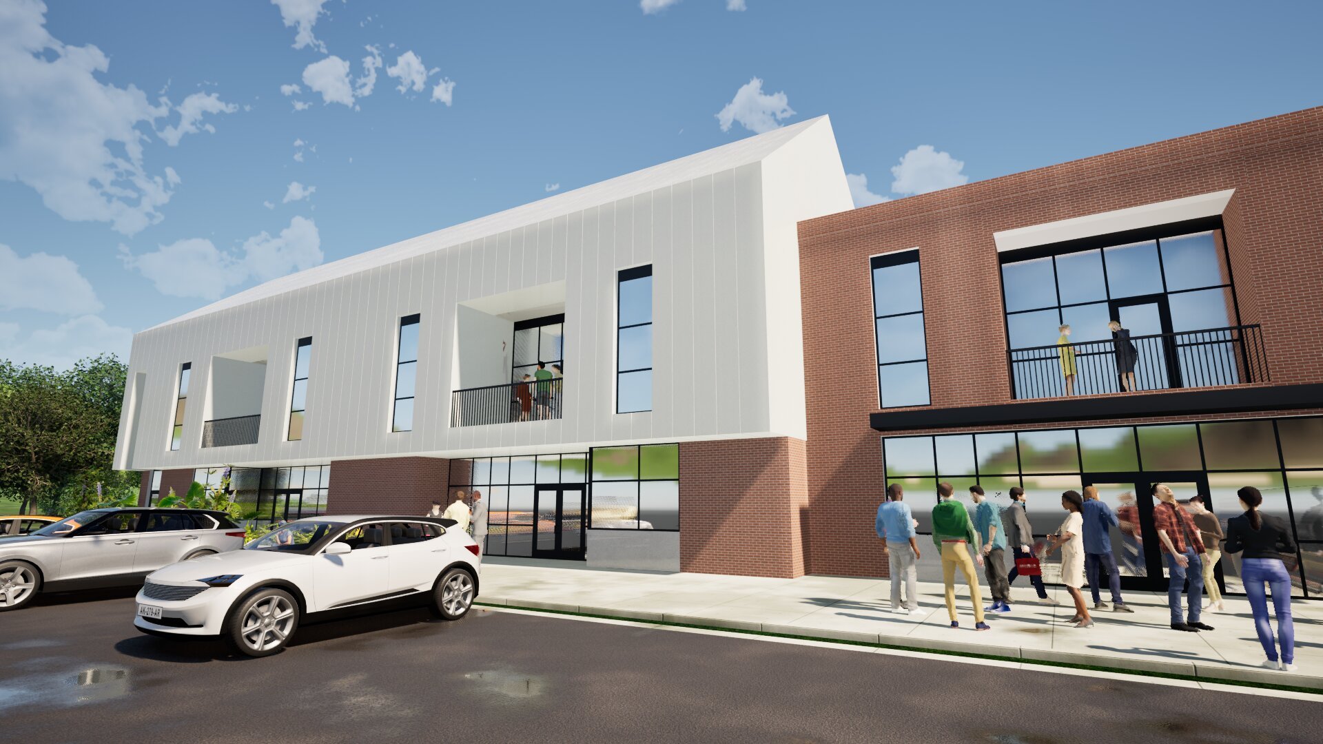 Rendering of a modern mixed-use building with commercial space on the ground floor and residential units above. People are walking on the sidewalk, and cars are parked in front. Some residents are on the balconies, and the sky is partly cloudy.