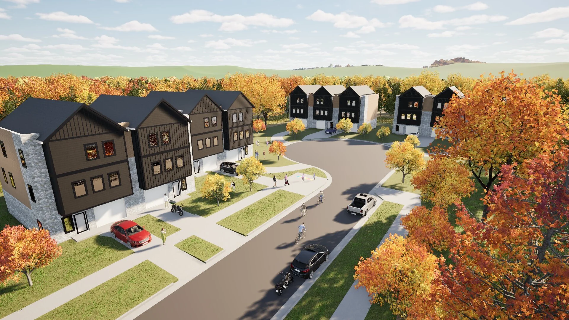 A digital rendering of a modern residential neighborhood with townhouses, cars parked along the street, people walking, and trees with fall foliage in autumn.