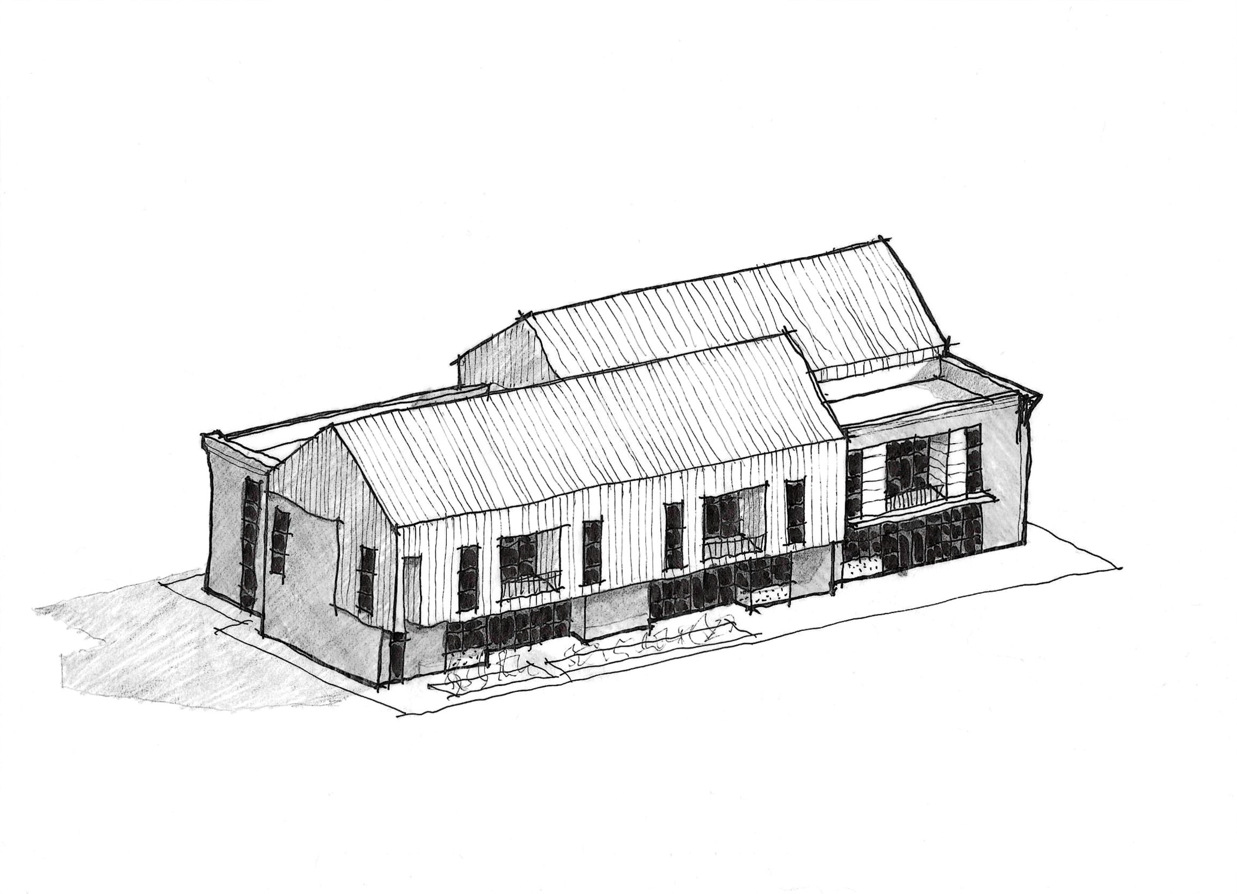 Black and white architectural sketch of a modern multi-unit residential building with multiple balconies, large windows, and a sloped roof.