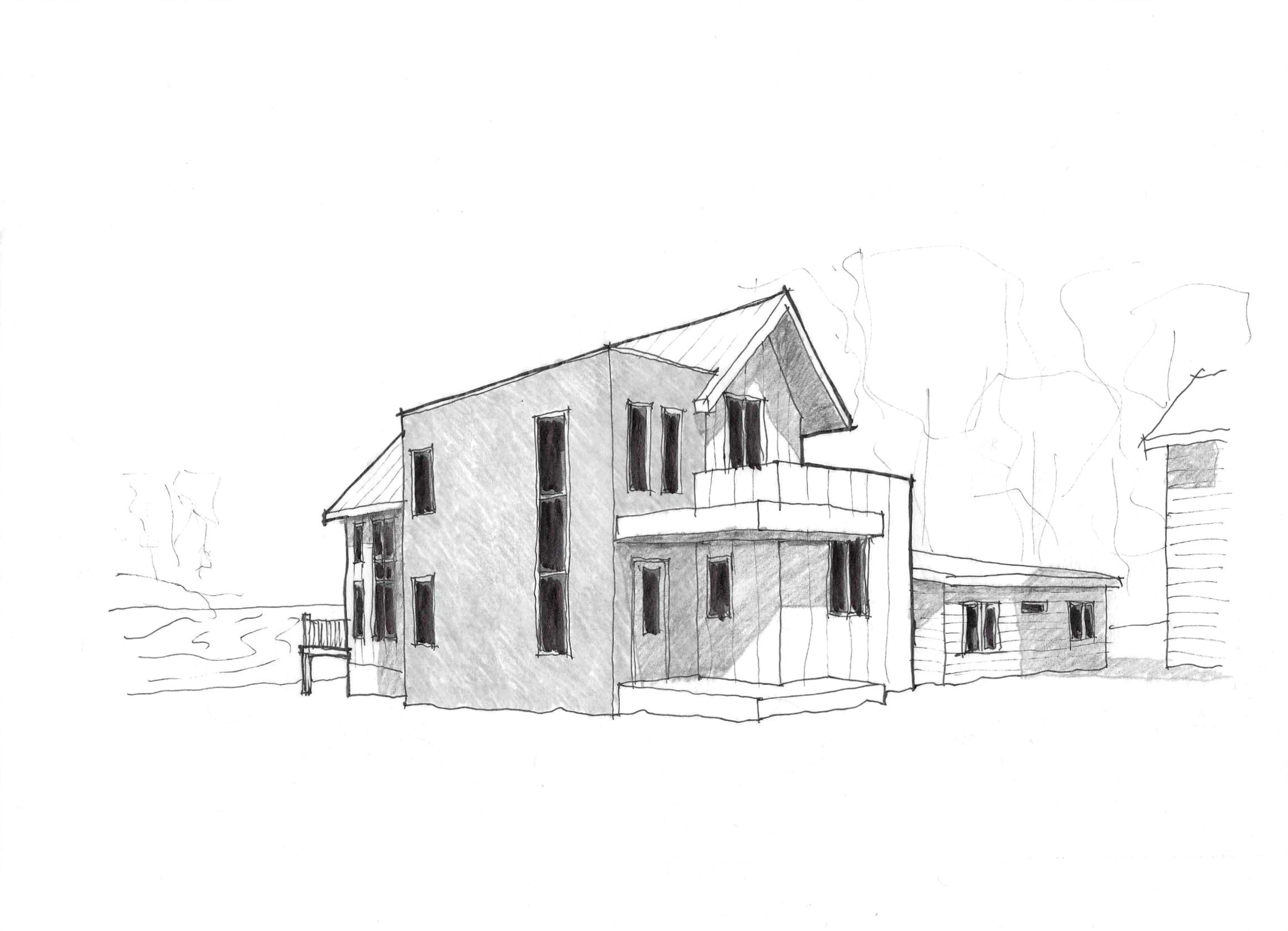 A black and white sketch of a modern two-story house with multiple windows, a balcony, and a sloped roof, set in a natural environment.