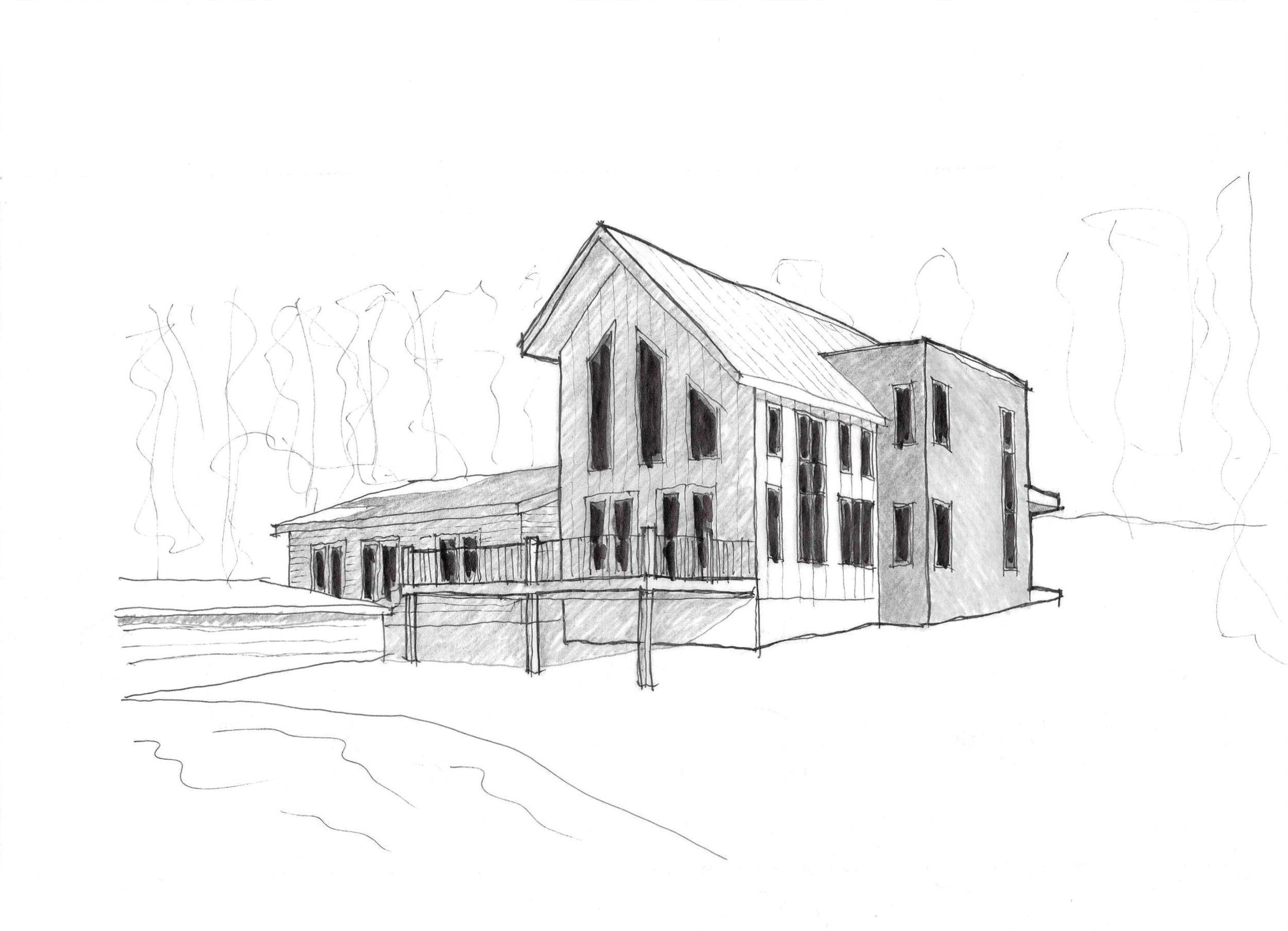 Sketch of a modern multi-story house with large windows, a sloped roof, and a raised wooden deck, with trees in the background.