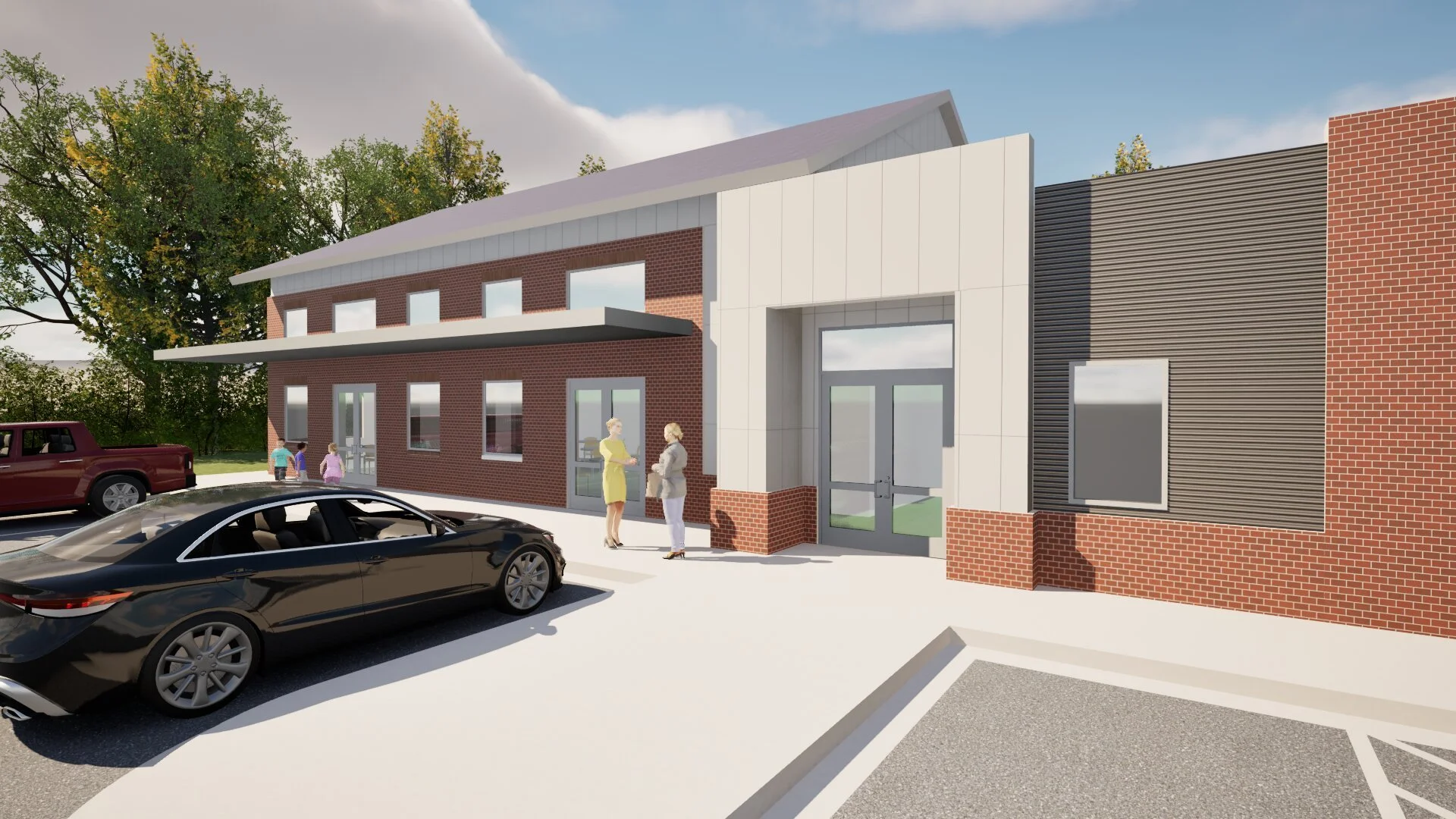 Rendering of a modern building with a brick and white exterior, parking lot with cars, and people standing and chatting outside.