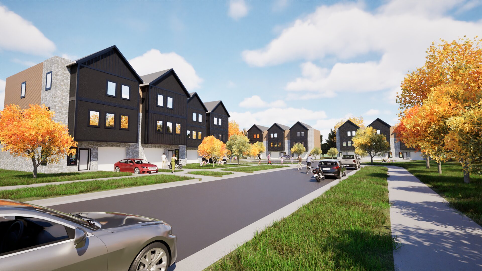 A residential neighborhood with modern black and gray townhouses, colorful trees with autumn leaves, parked cars, bikes, people walking, and a clear blue sky.