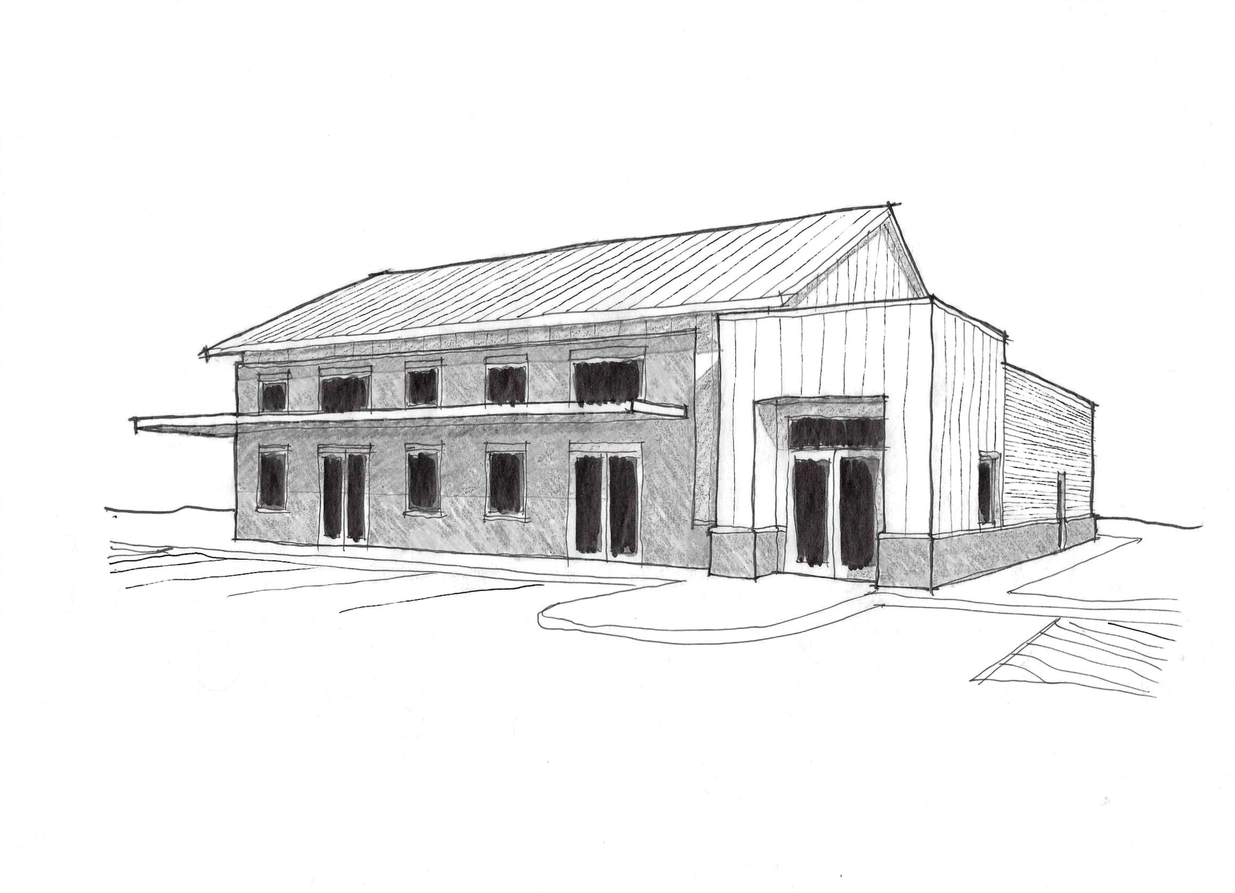 A pencil sketch of a modern, two-story building with a sloped roof, multiple rectangular windows, and an entrance on the right side.