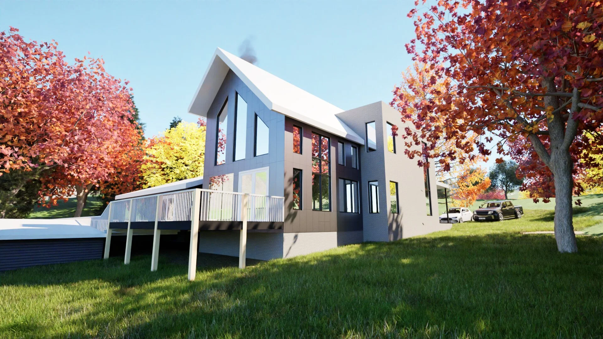 Modern house with large windows and a sloped roof, surrounded by autumn trees and parked cars on a grassy hillside.