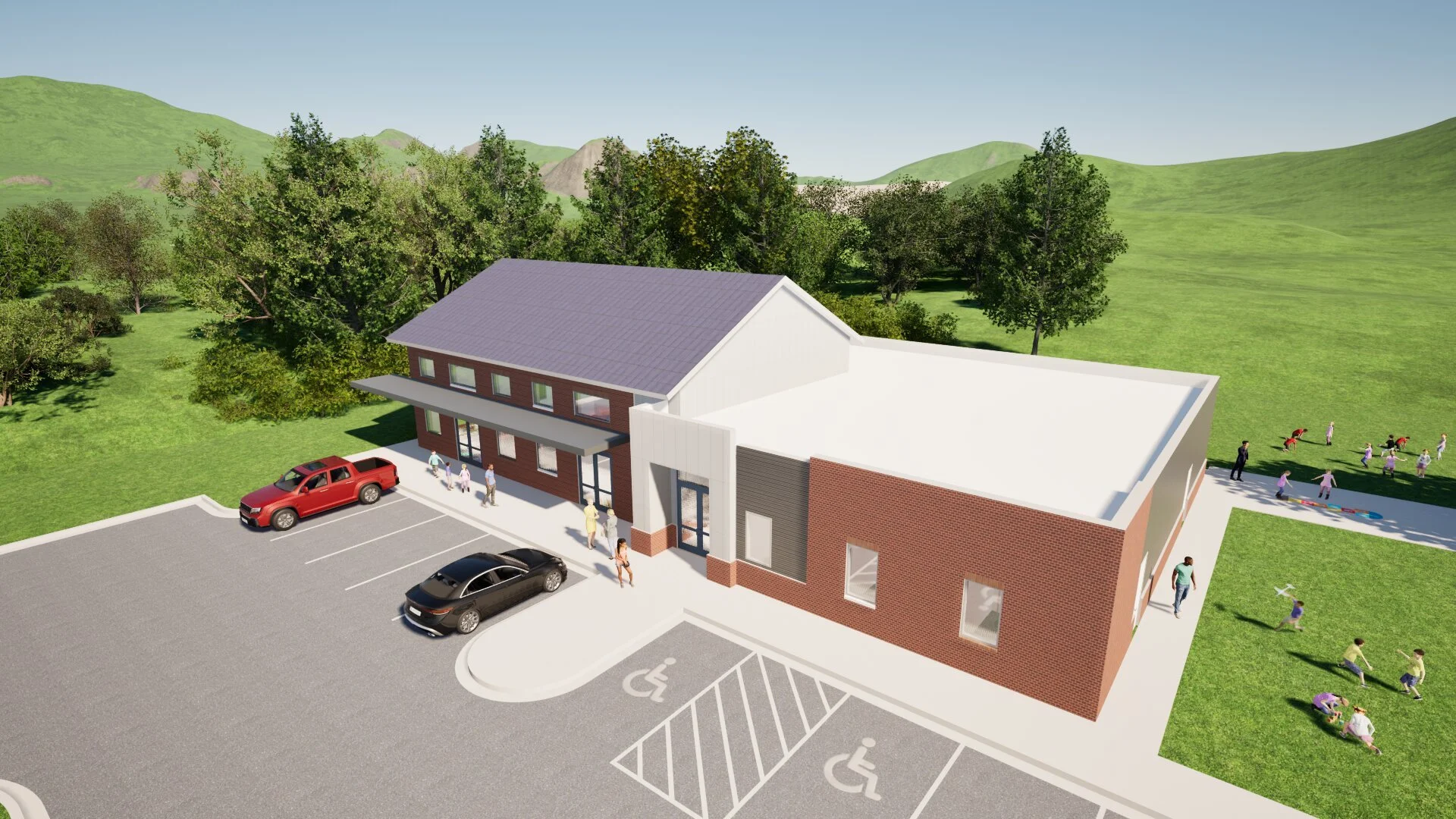 A new building with parking spaces, including designated handicap parking spots, is shown surrounded by grassy areas and trees, with children playing outside.