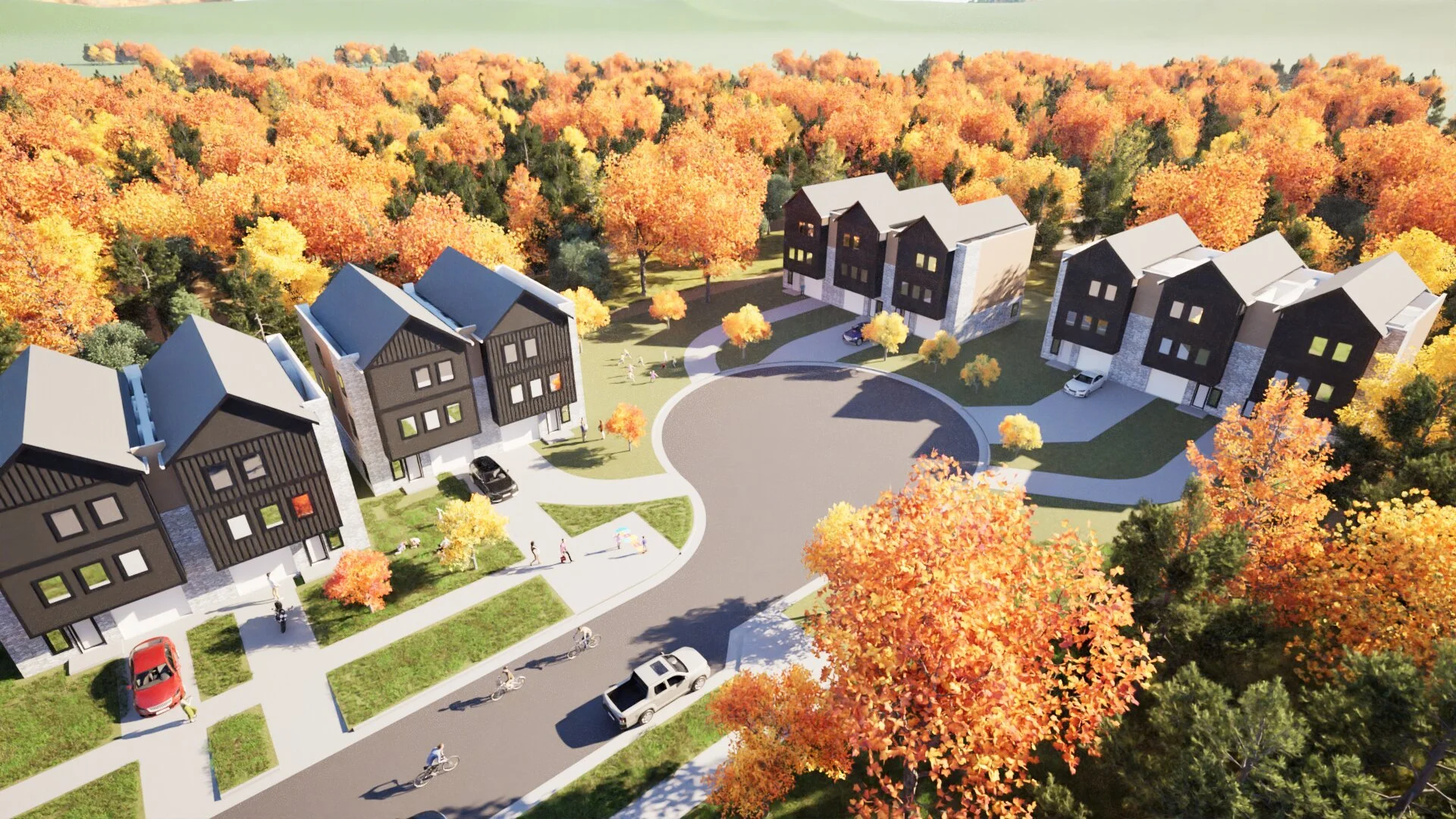 Aerial view of a residential neighborhood with modern houses, surrounded by colorful autumn trees, parked cars, and people walking or biking.