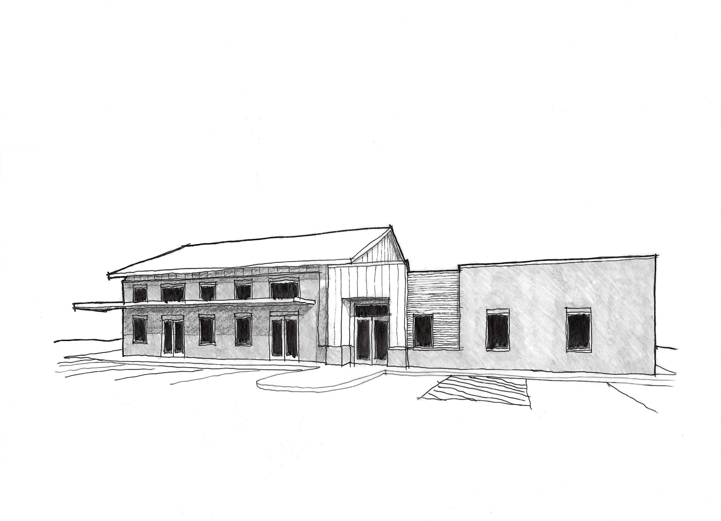 A black and white sketch of a building with a two-story section on the left with multiple windows and a single-story section on the right, with a sidewalk and steps leading to the entrance.