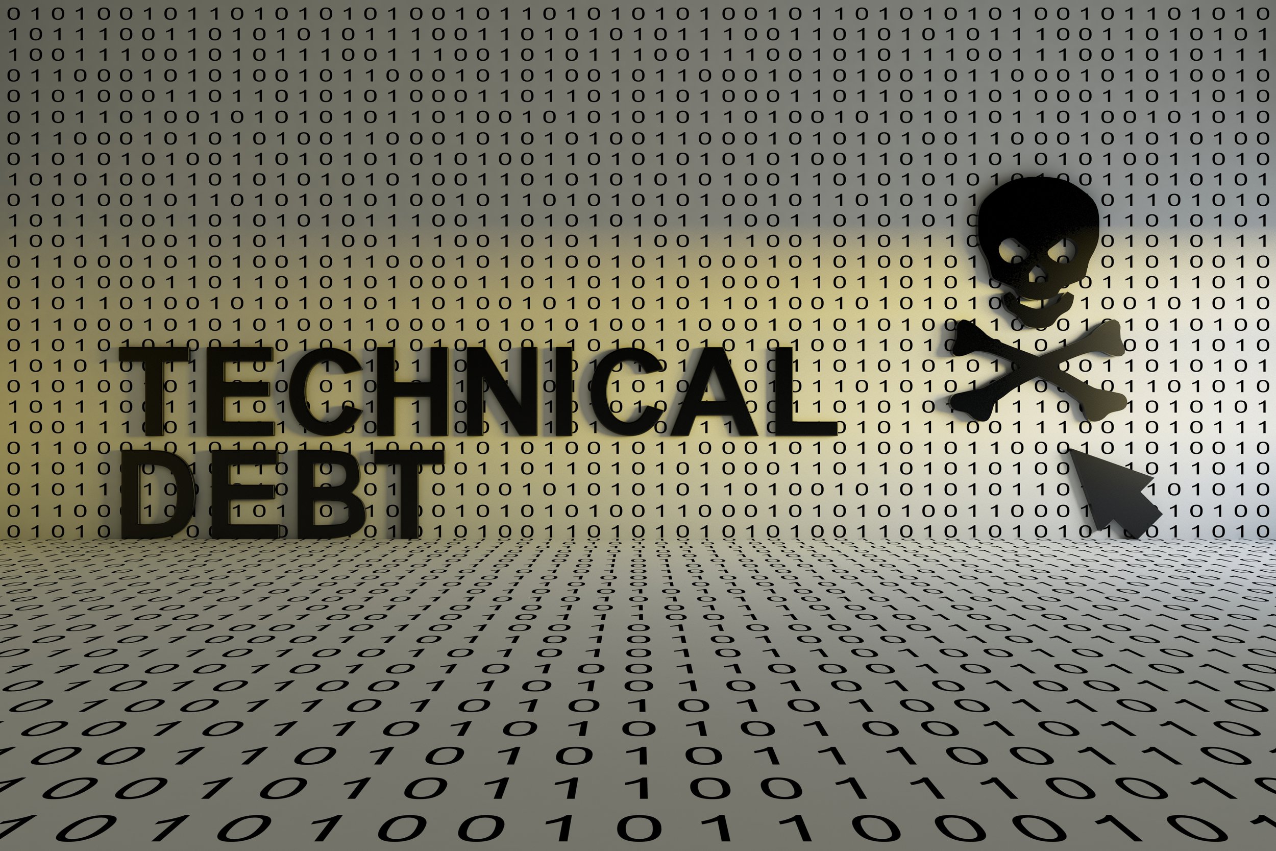 Binary text. Technical Debt next to a skull and crossbones.