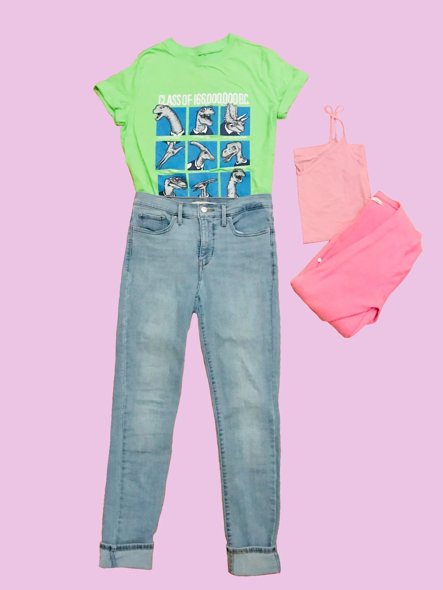 Pictured: Levi’s 311 stretch jeans, Uniqlo airism tank, Old Navy cardigan, Cat & Jack class of 160,000,000 BC dino tee.