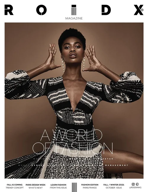 Fashion magazine cover featuring model in patterned outfit, showcasing fall/winter collection. Text highlights fashion edition, trendy concepts, and design insights for October 2021.