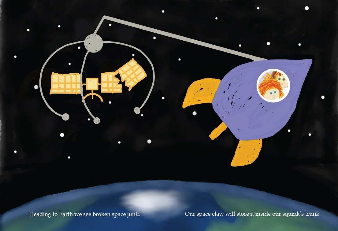 Sample page from Up to the Moon showing  child and guardian using their space claw to clean up space junk while flying over Earth.