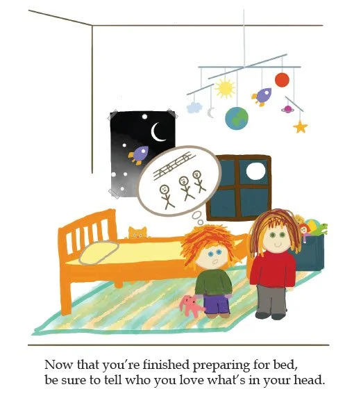 Child and guardian in a bedroom, with the child holding a pink stuffed toy, a bed, a window, and a mobile with planets and stars hanging from the ceiling.