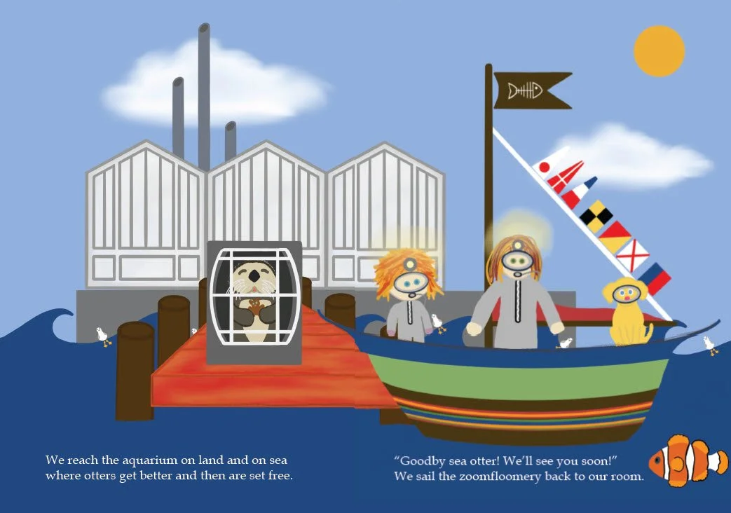 Sample page from Into the Ocean showing an otter taken to the aquarium by child, guardian and dog helpers in the zoomfloomery boat.