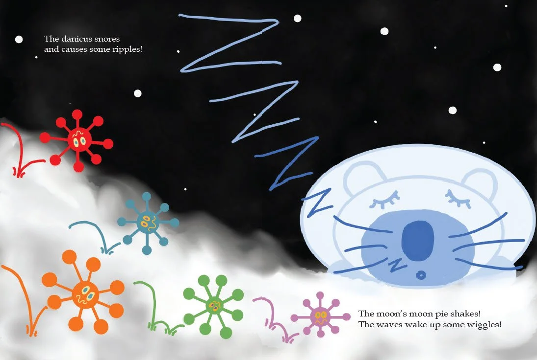 Sample page from Up to the Moon showing danicus aquaticus snoring in the Deep Sleeping Dream Sea on the moon.