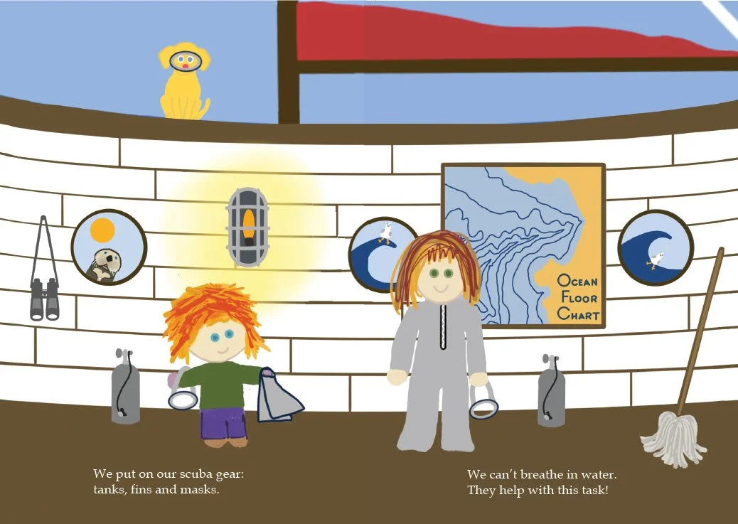 Sample page from Into the Ocean showing below deck in the zoomfloomery boat child and guardian with scuba gear.