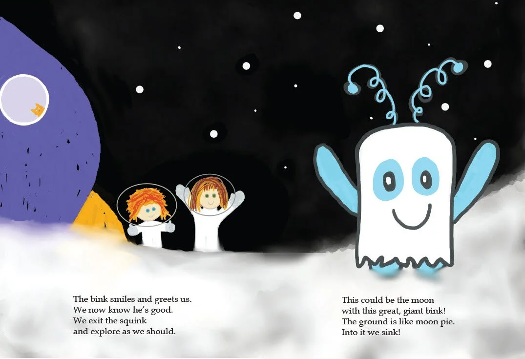 Sample page from Up to the Moon showing a marshmallow bink on the moon greeting child, guardian, and cat.
