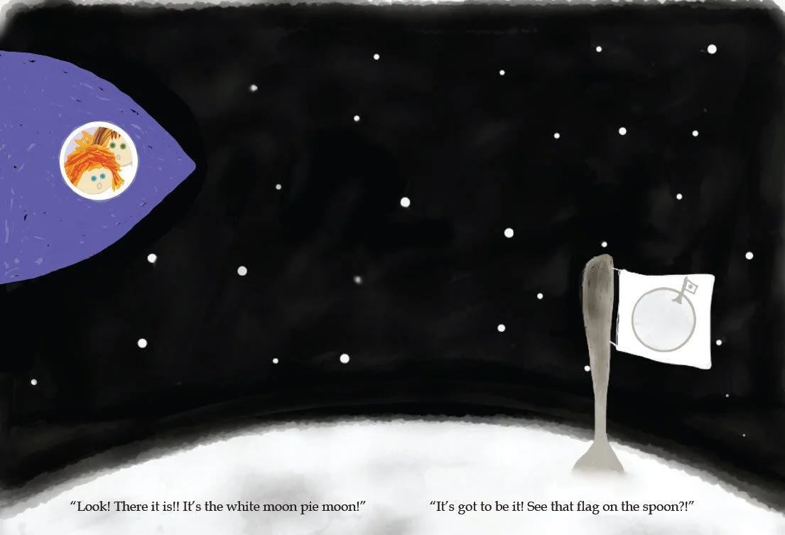 Sample page from Up to the Moon showing child, guardian and cat looking out the spaceship window at the moon pie flag.