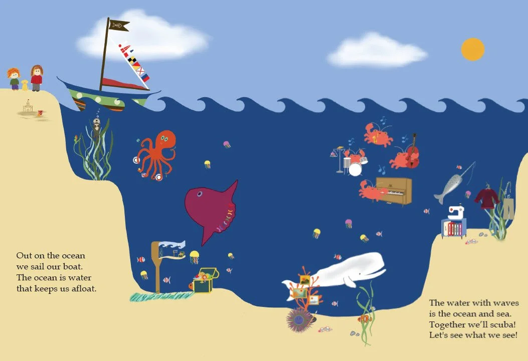 Sample page from Into the Ocean showing zoomfloomery boat entering the ocean with child, guardian, and dog ready to explore.