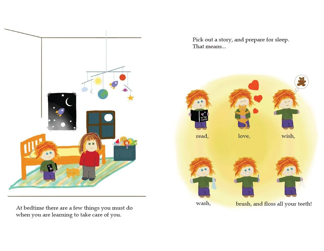 Sample page from Up to the Moon showing preparing for bed reading, loving, wishing, brushing and flossing teeth.