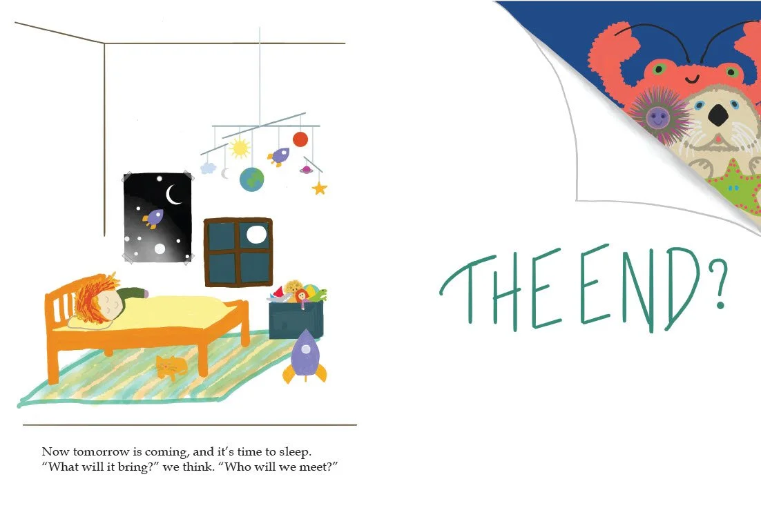 Teaser page from Up to the Moon showing king crab quartet, sea otter, and anemone from the next book Into the Ocean. 