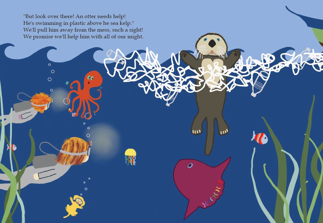 Sample page from Into the Ocean showing an otter in plastic and a mola mola with child, guardian and dog helpers coming to the rescue. 