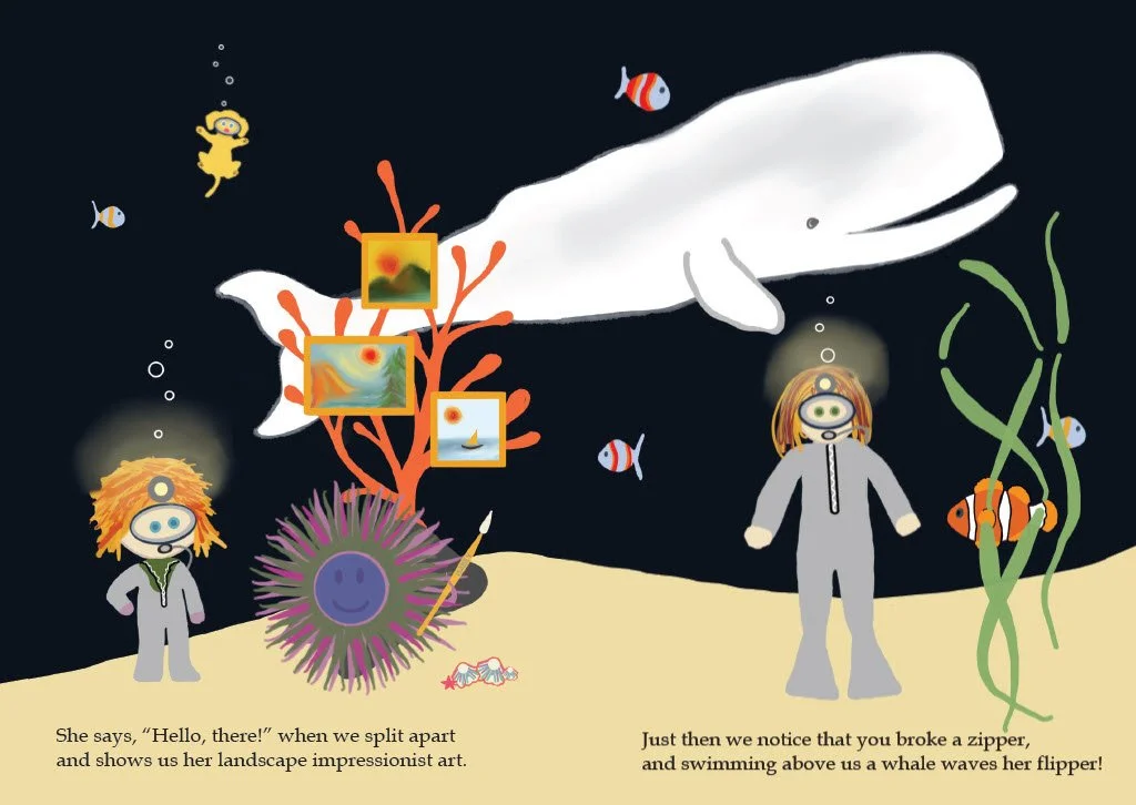 Sample page from Into the Ocean showing child's wetsuit zipper askew, an anemone artist with paintings, a clownfish and a whale 