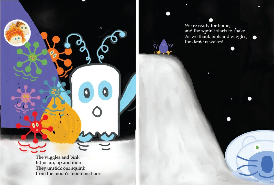 Sample page from Up to the Moon showing the wiggles and bink freeing the squink spaceship stuck in moon pie.