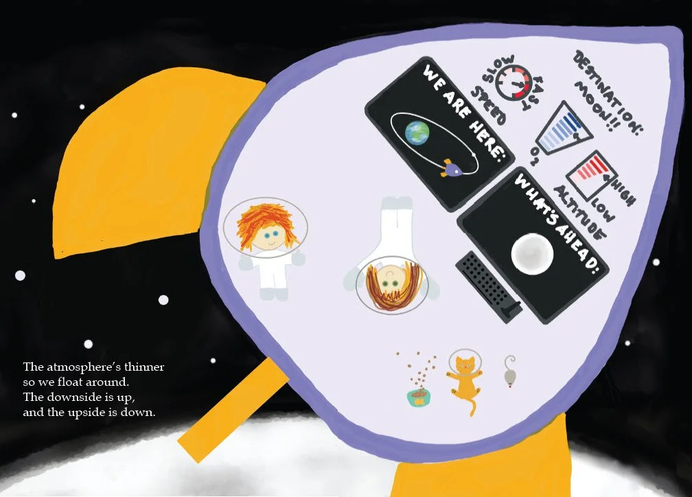 Sample page from Up to the Moon showing a child, guardian and cat floating in the squink spaceship with control panel.