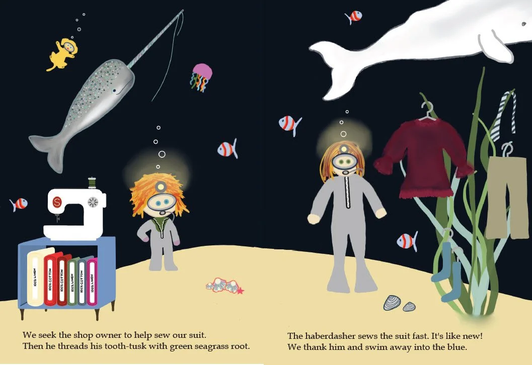 Sample page from Into the Ocean showing a haberdasher narwhal ready to repair a wetsuit, sewing machine, clothes hung on kelp
