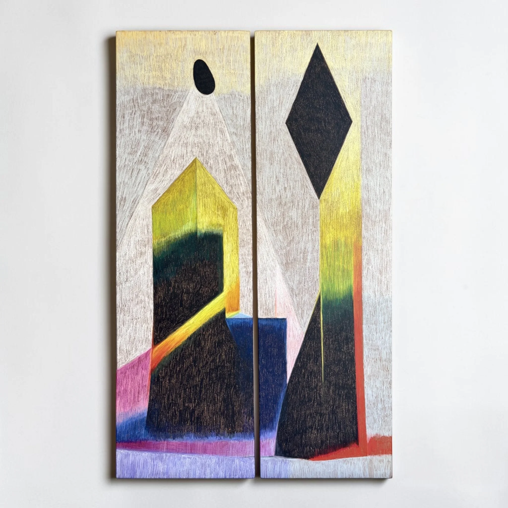  Porta Caeli , 2026
 Water-soluble crayon on particle board
 68 x 21 in. (each panel)
