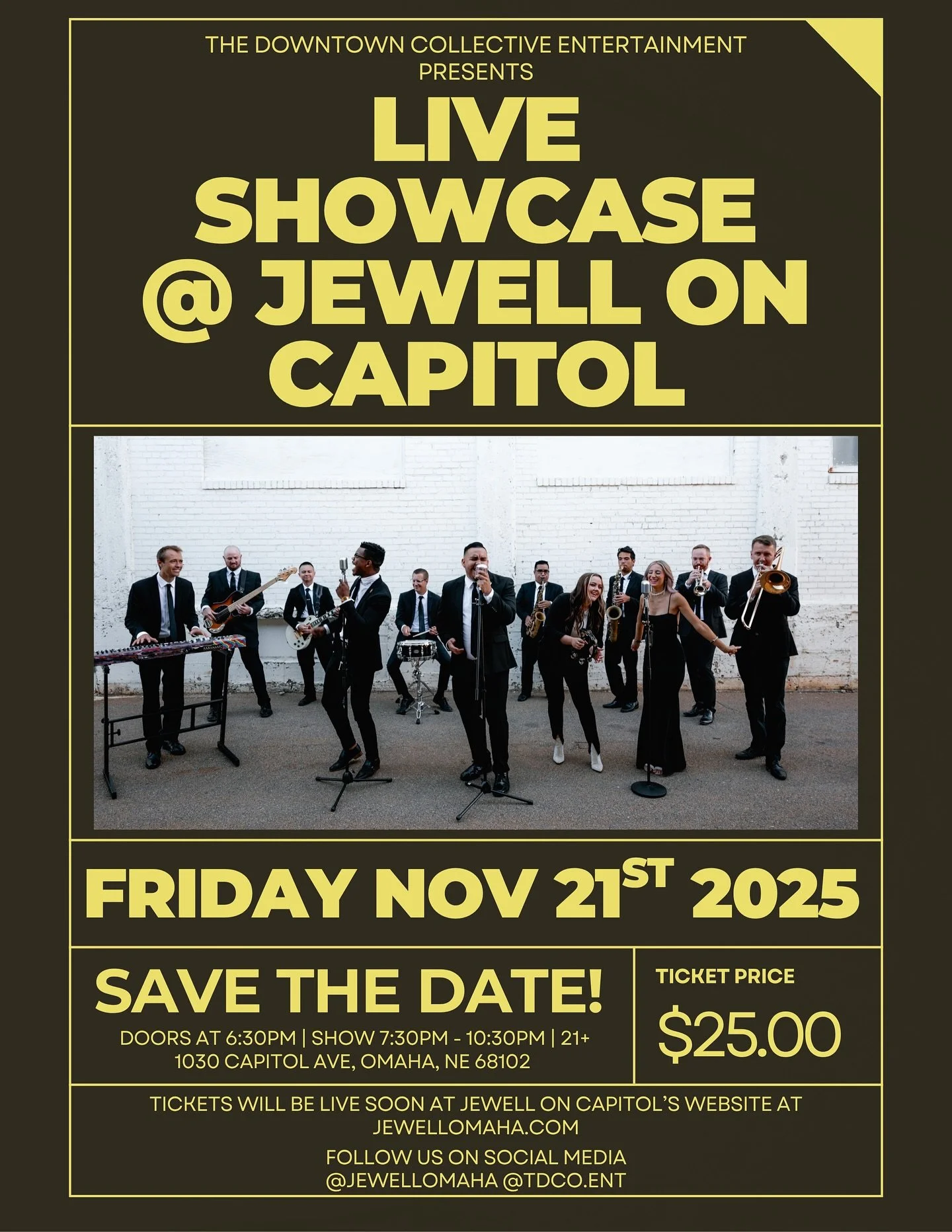 TDCE Showcase at the Jewell on Capitol! @jewellomaha 🎤✨
Join us on Friday, November 21st for a night of funk, soul, dynamic horn players and powerhouse vocals as 8 incredible singers rotate in at different times throughout the night! Two 75-minute s