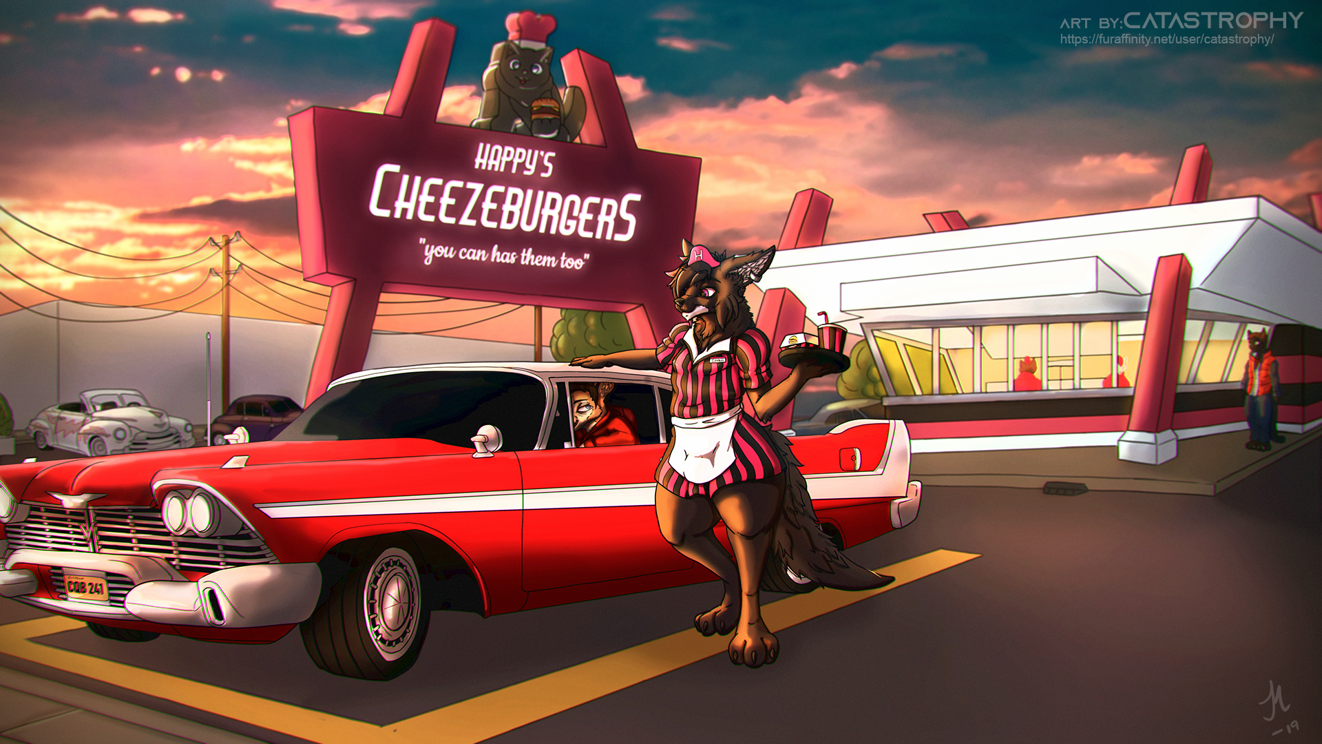 
Commission:Happy's Burgers - Movie references,  back to the future, christine and 
grease lighting
