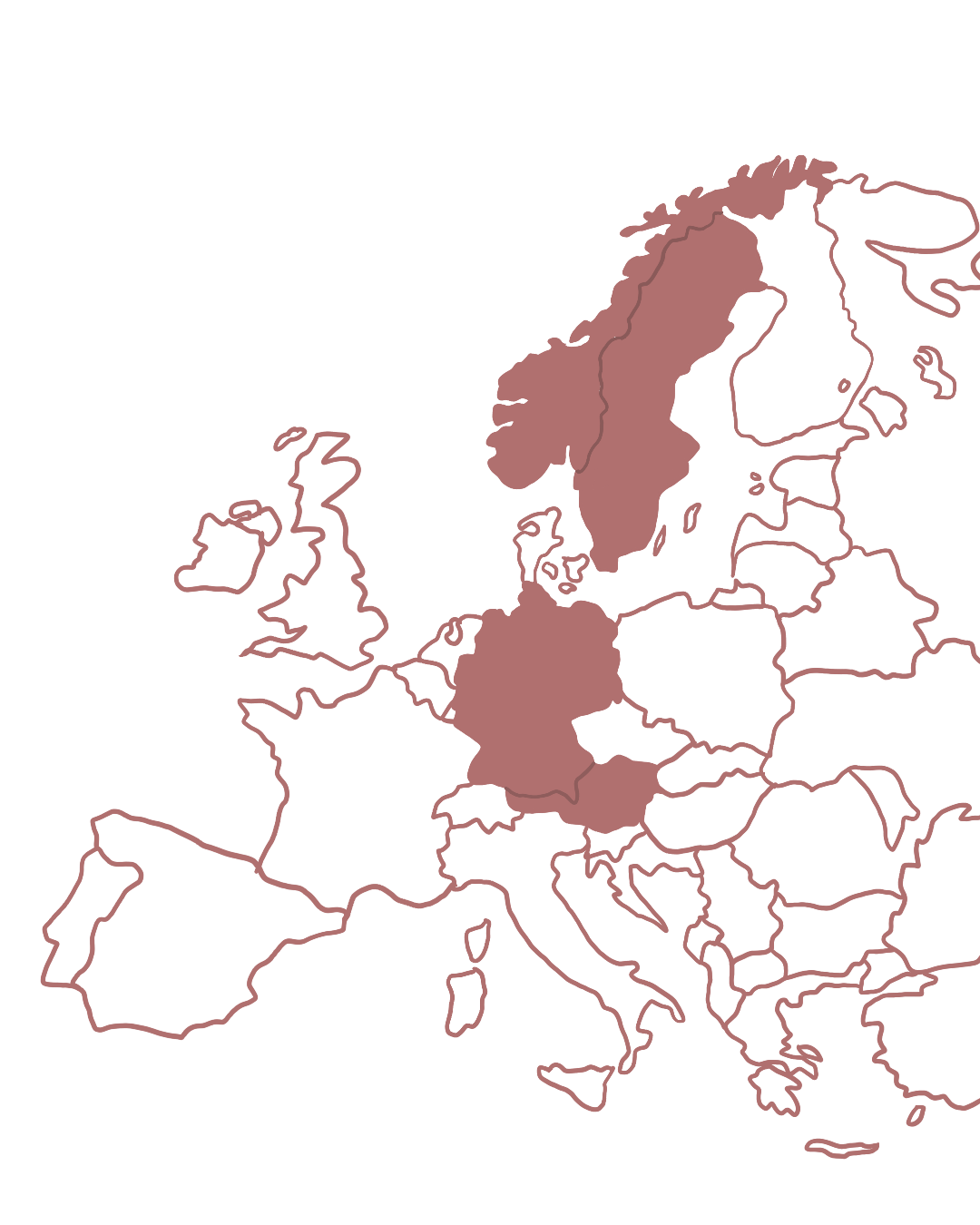Map of Europe with certain countries shaded in light brown.
